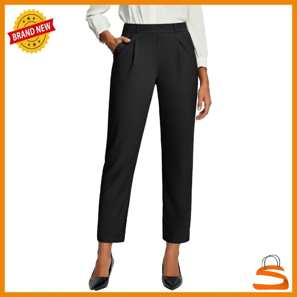 High Waisted Pull On Work Pants Stretchy Office Trousers with Pockets